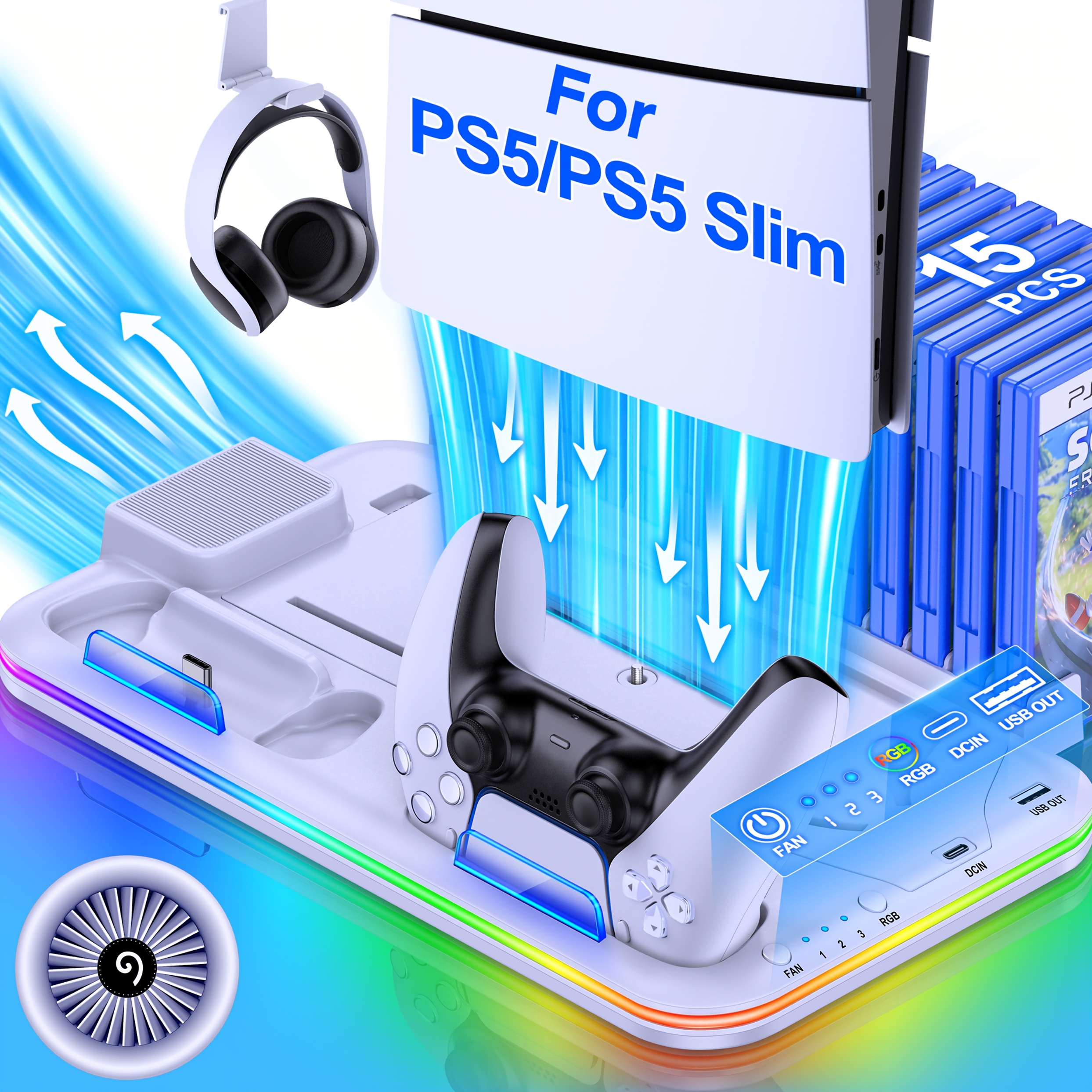 TEMU Suitable For Ps5 Optical Drive Version/slim/pro Cooling Bracket, With Rgb Lighting, Supports Dual Controller Charging, Headphone Hook, Disc