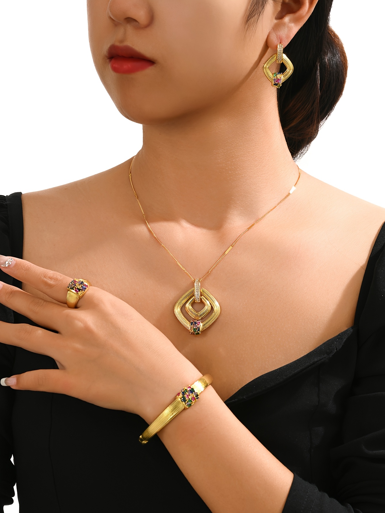 elegant 18k gold plated zirconia jewelry set by     style with necklace earrings bracelet ring     gifts details 0