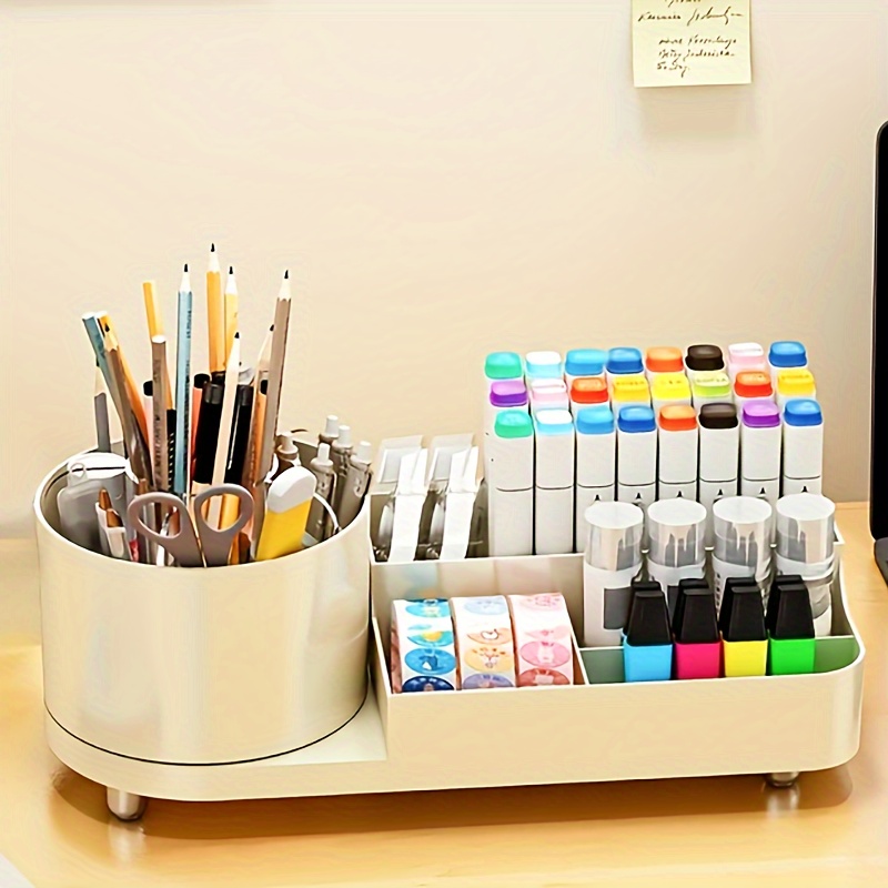 deli Organizador de escritorio, organizador de escritorio de plástico con  soporte para lápices y bandeja de notas adhesivas, suministros de papelería