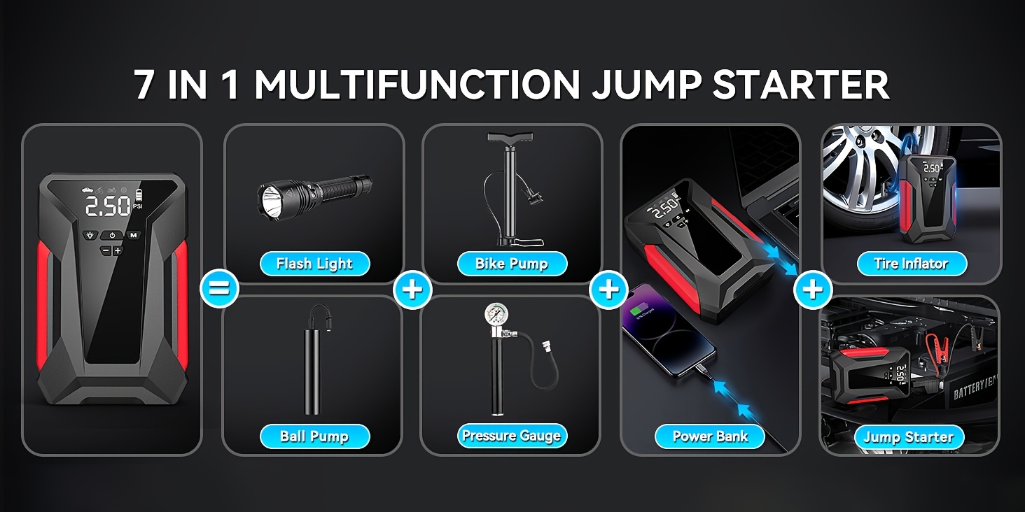 Jump Starter with Air Compressor, 7000A Portable Car Battery Jump Starter (2.64gal Gas/2.25gal Diesel), 12V Battery Charger Booster, 150PSI Auto-Shutoff Tire Inflator, Portable Jumper Cables, LED Light, High-Capacity Power Bank, Portable Power