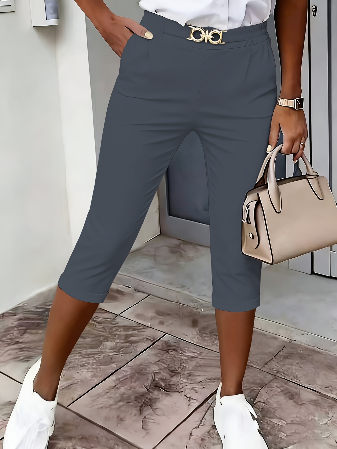 fashionable solid color   fit   length pants with waistband decoration and slant pockets