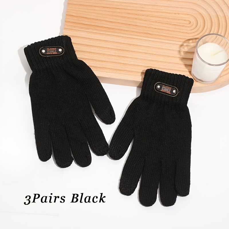 TEMU 3pairs Men's Autumn And Winter Knitted Gloves, Classic And Versatile, Outdoor Warm And Windproof Touch Screen Gloves