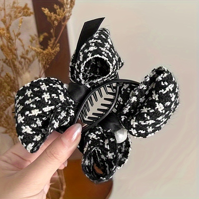 Image of 1pc Chic Bow Hair Clip, French And White Pattern, Elegant Bun And Ponytail Hair Accessory, Fabric Hair Clip For Women