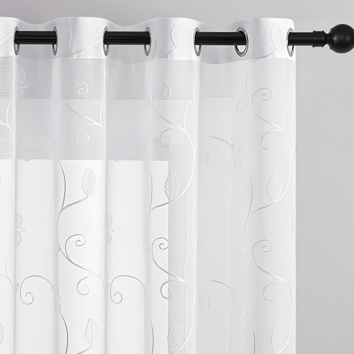 TEMU 2pcs White Creative Floral Embroidery Semi-sheer Tulle Curtains With Grommets Semi-transparent Light Filtering Decorative Drapes, Suitable For