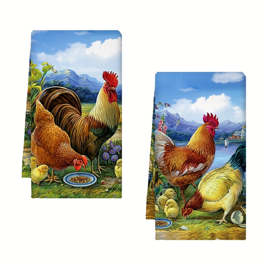 

2-pack Rustic Farmhouse Kitchen Towels - Vintage Rooster Design, Quick-dry & Reusable Dish Cloths, Perfect For Cooking, Baking & Housewarming Gifts, 18x28 Inches