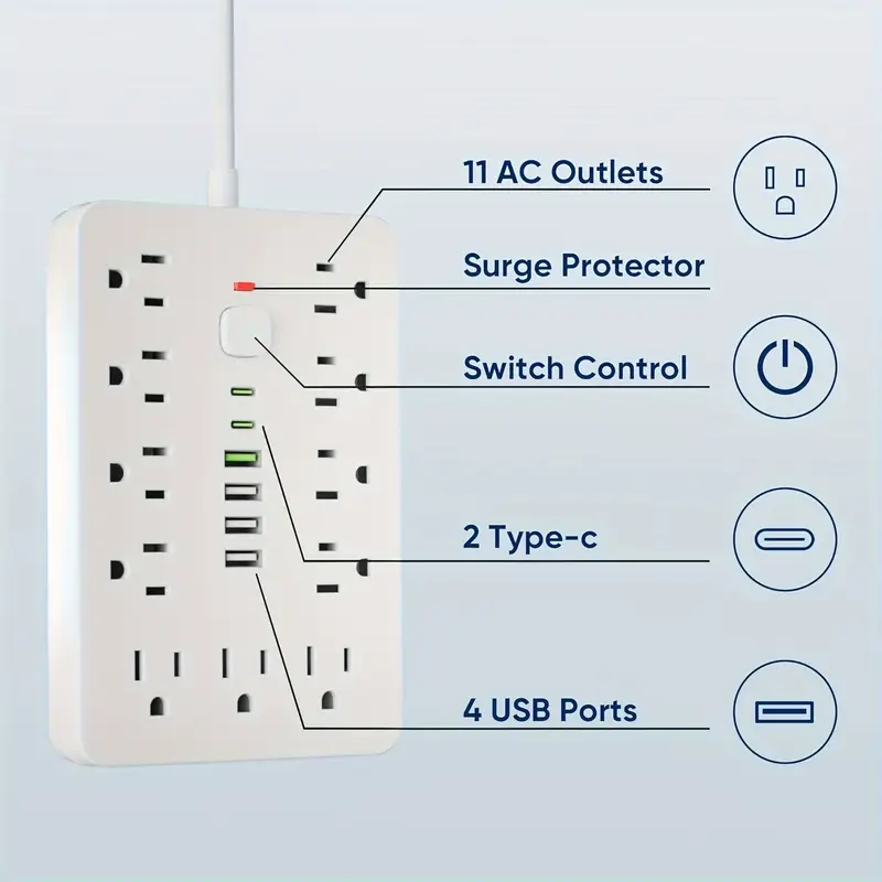 6 ft flat plug protector 11 multiple ac outlets with 6 usb 2 usb c 6 feet extension cord 1875w 15 touch switch button 17 in 1 compact with protector easy to carry suitable for home office and travel details 1