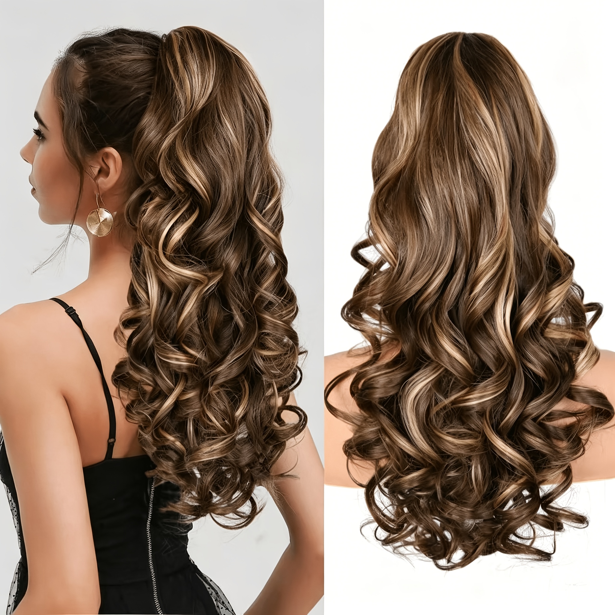 TEMU 24 Inch Ponytail Extension, Clip-on Ponytails For Women, Medium Blonde With Bleach Blonde Ends Long Curly Wavy Ponytail Extensions For Women,