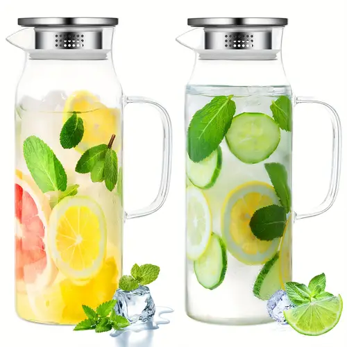 2pcs glass pitcher water pitcher with lid hot cold water pitcher bedside water carafe with handle heat resistant borosilicate glass jug for fridge beverage carafe 54oz stainless steel