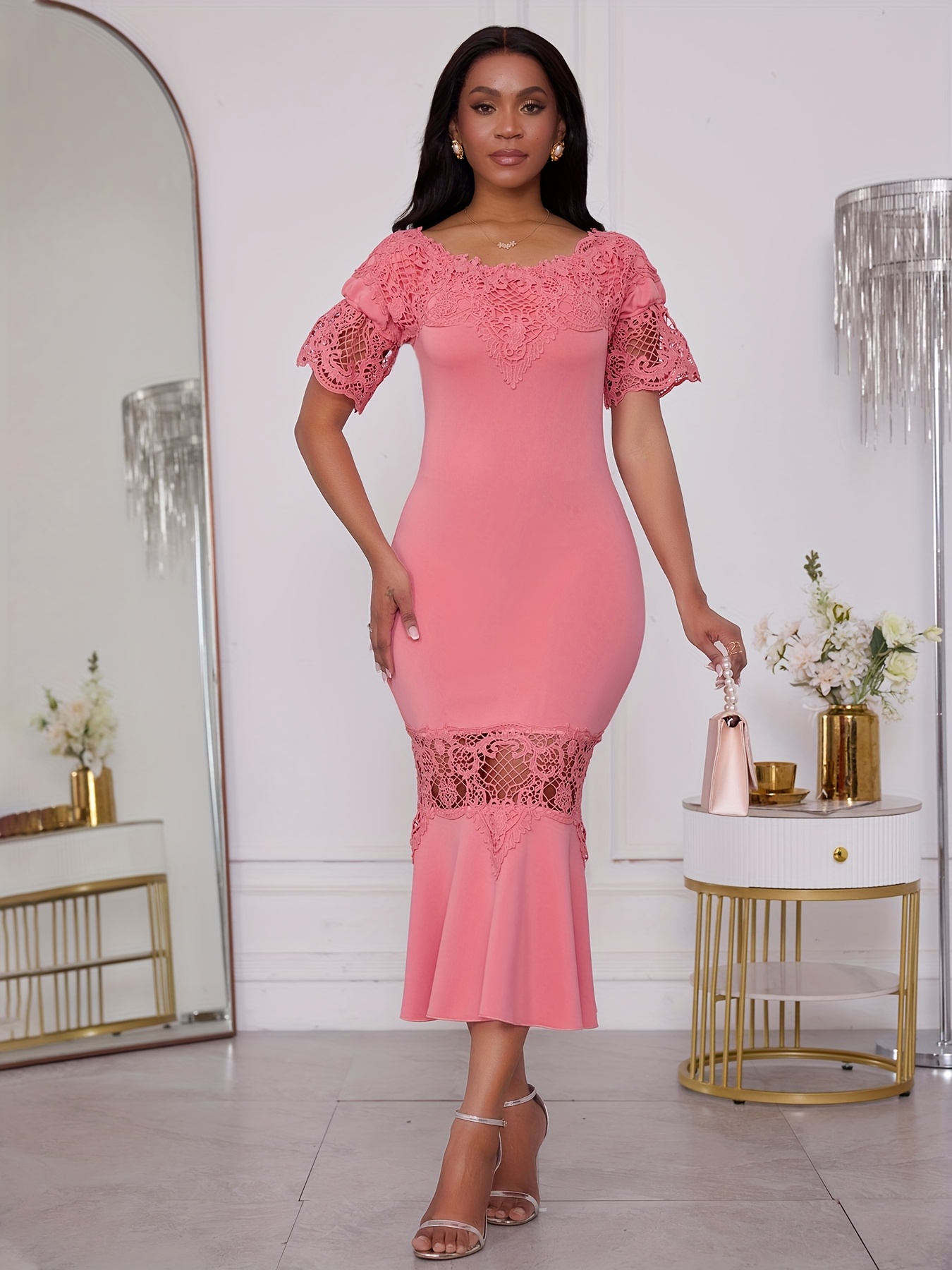 chinese dress ladies Chic Short Mermaid Off-the-shoulder Lace Prom Dress with Sleeves – BIZTUNNEL