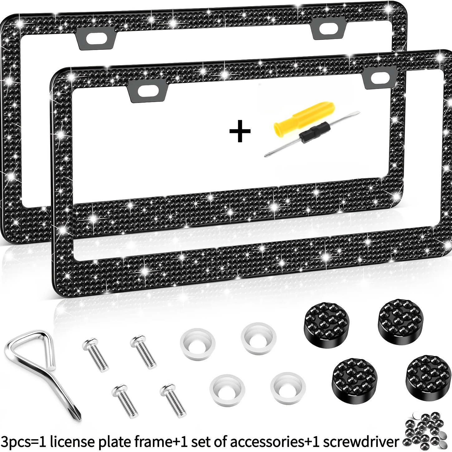 TEMU Ensemble de 3 pièces : 1 cadre de plaque d'immatriculation + 1 jeu d'accessoires + 1 tournevis. Cadre de plaque d'immatriculation en acier