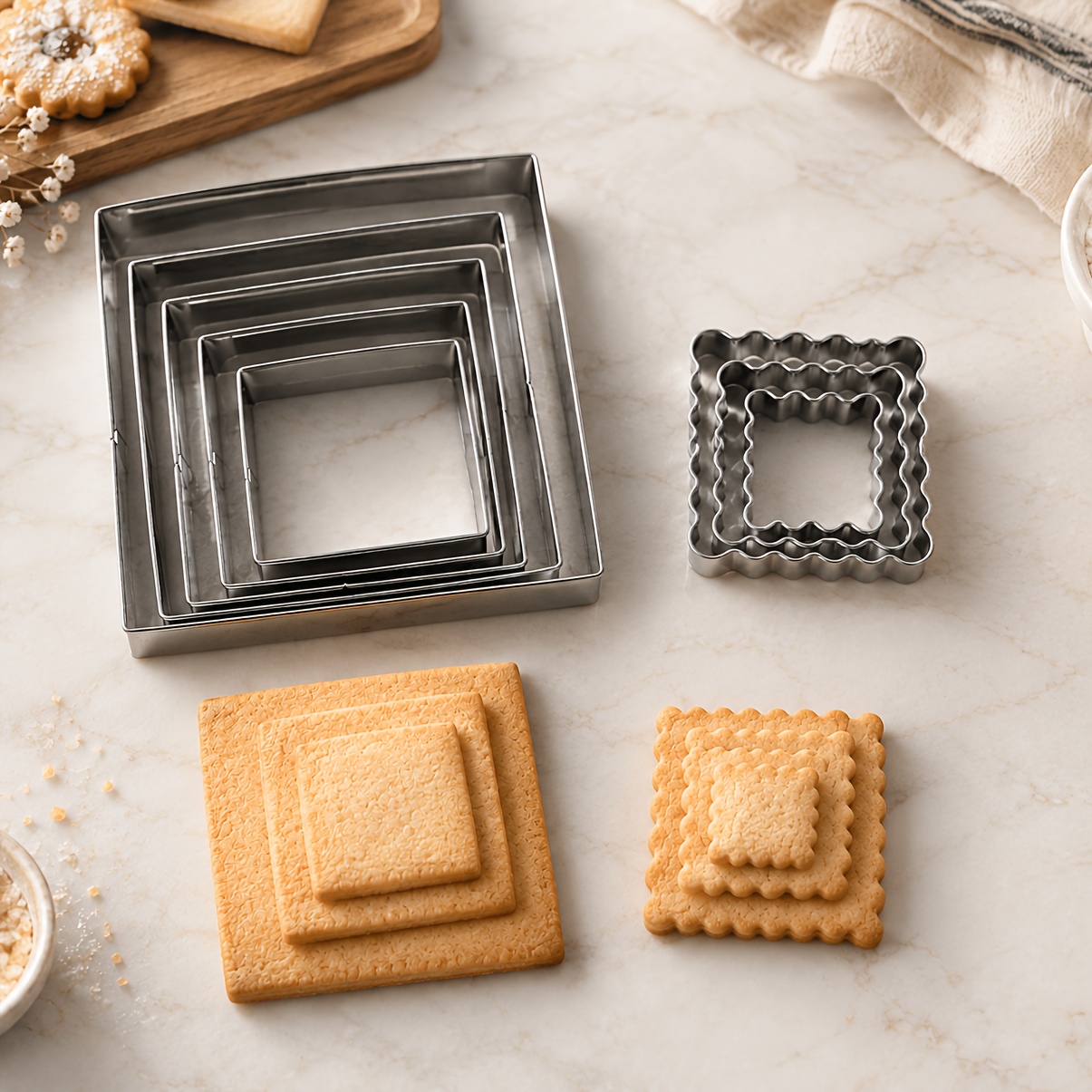 TEMU 8pcs Square Cookie Cutter Set, Stainless Steel Biscuit Molds, Plain & Fluted Square Shapes, Diy Baking Tools For Sugar , Fondant, Pastry