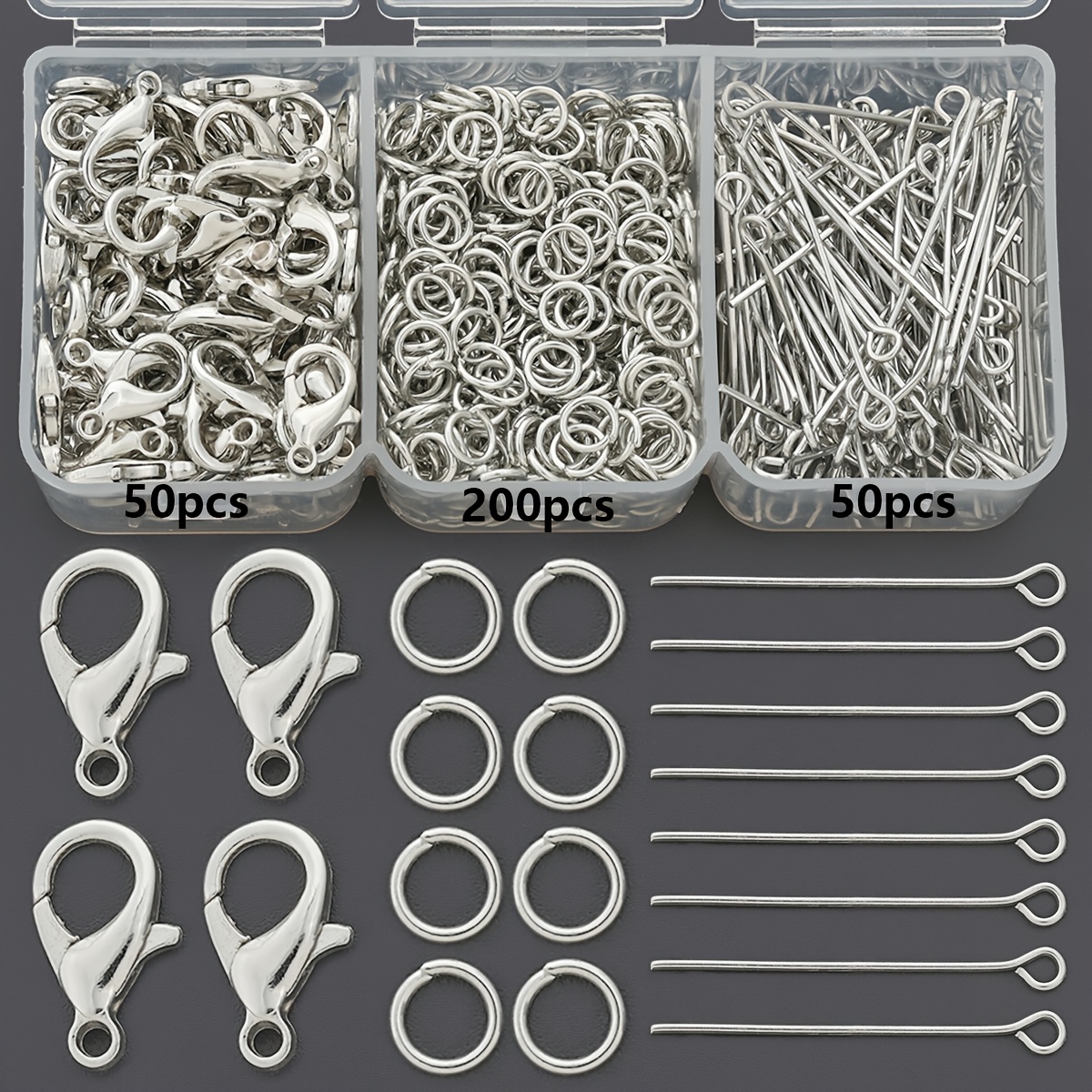 TEMU 300pcs/Boîte Blanc K Bijoux Artisanat Ajouts Incluant 50pcs Fermoirs Mousqueton et 50pcs Aiguilles Droites et 200pcs Anneaux de Jonction,