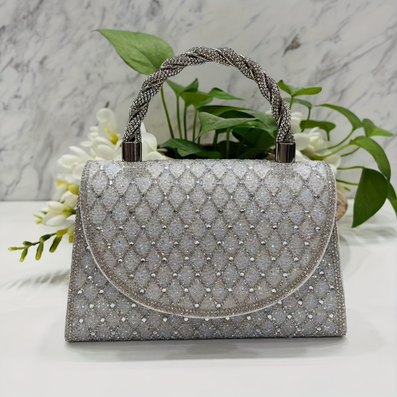 Borsa Da Sera Donna Con Catena - Pochette Brillantinata Per Feste E Matrimoni, Oro - Foto 4