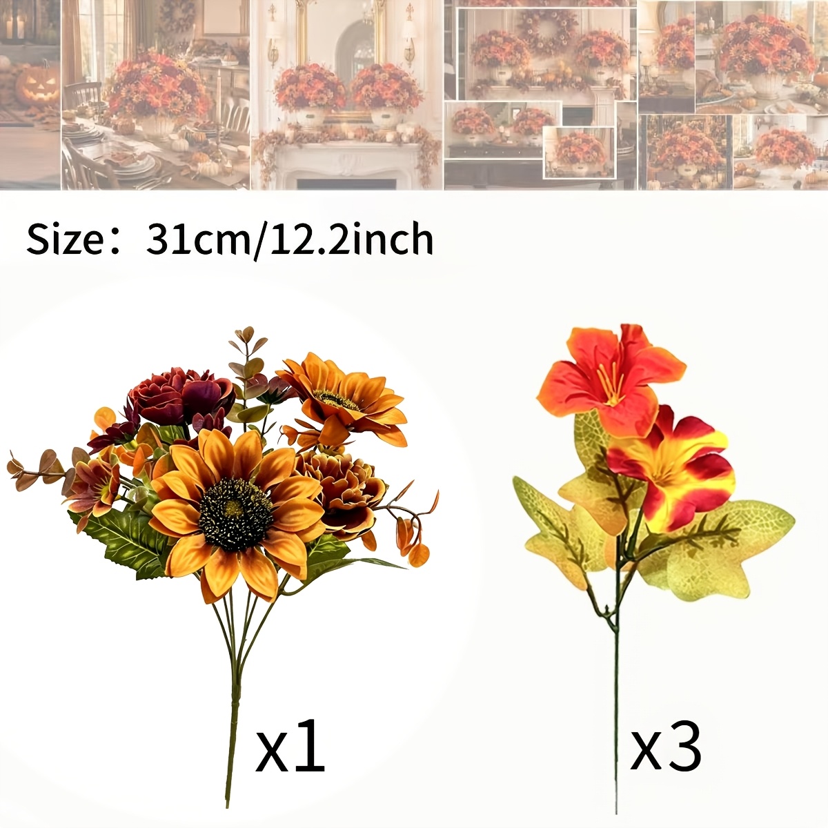 TEMU 4 Bundles Of Outdoor Simulation Autumn Flowers, Holiday Decorative Flowers, Mixed Fake Chrysanthemums, Chrysanthemum Bundles, Autumn Marigoldens