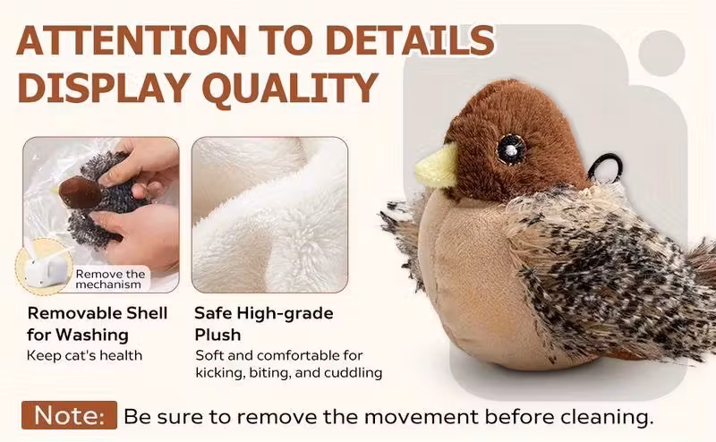 逼真飞翔猫玩具,带触摸激活的翅膀拍打和逼真叫鸣/唱歌 - usb充电互动毛绒可咀嚼身体,易于清洁的可拆卸部件,柔软安全材料,适合室内玩耍 - 适合所有猫咪尺寸,幼猫锻炼和训练 商品详情 5