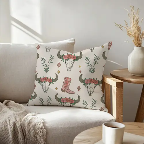 1pc bohemian western throw pillow cover buffalo skull with red flowers green leaves yellow diamonds on single sided zip closure machine washable polyester 18x18 inch 45x45cm for sofa living room bedroom decor sofa accessory polyester fabric