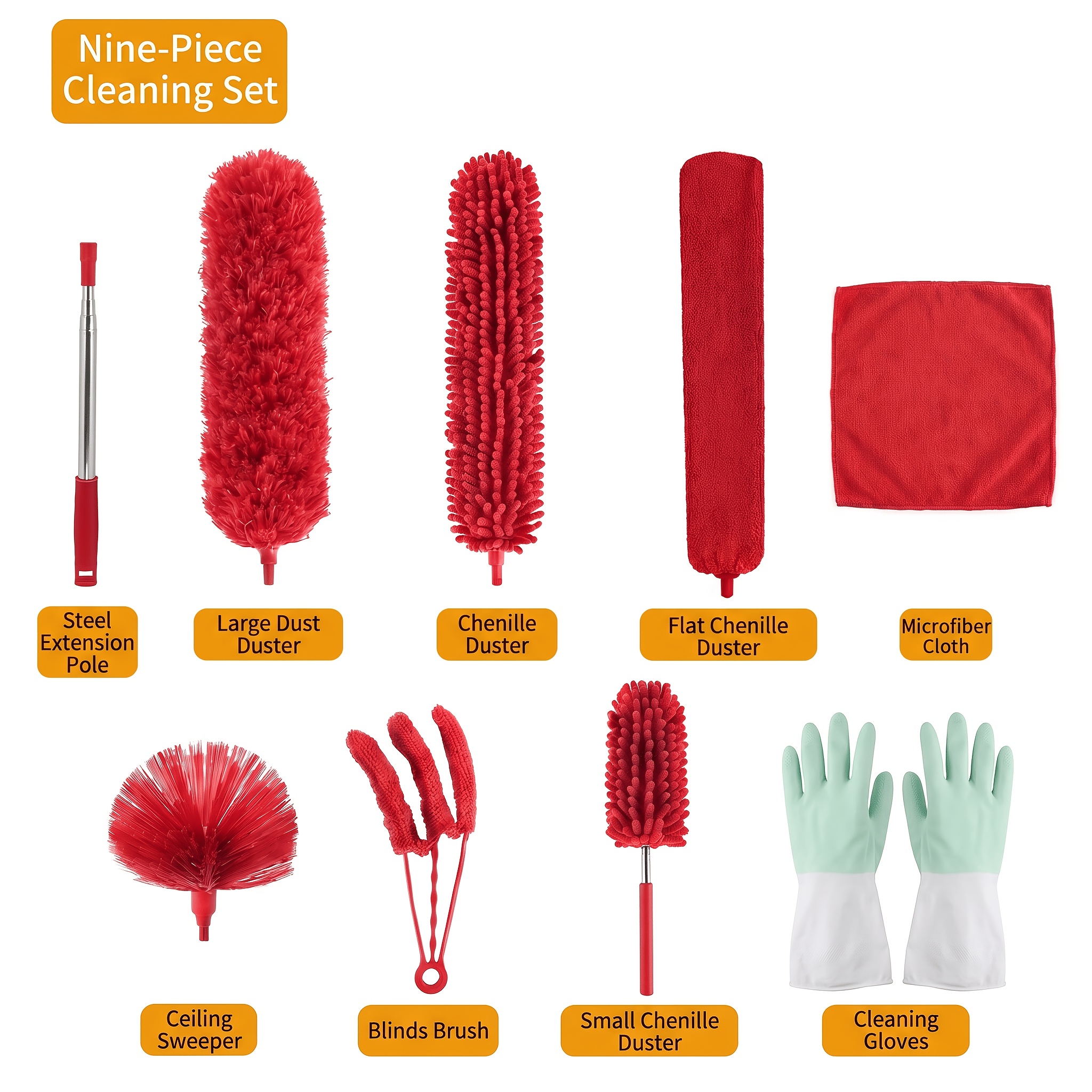 9pcs Telescopic Duster Kit, Extendable Up To 210cm, Head, Washable Microfiber Duster, Crevice & Ceiling Cleaning Brush For Webs, 6 Colors