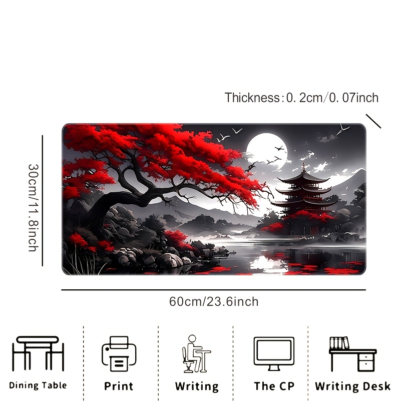 1pc Large Red Fire Style Mouse Pad - Non-Slip, Washable, Vibrant Red & Design with Japanese-Inspired Landscape, Perfect for Halloween & Christmas Gifts