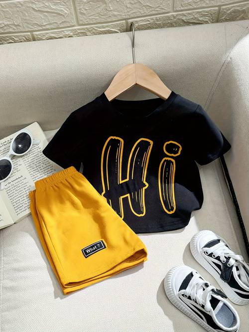 2pcs boys letter pattern round neck t shirt and casual shorts set for outdoor