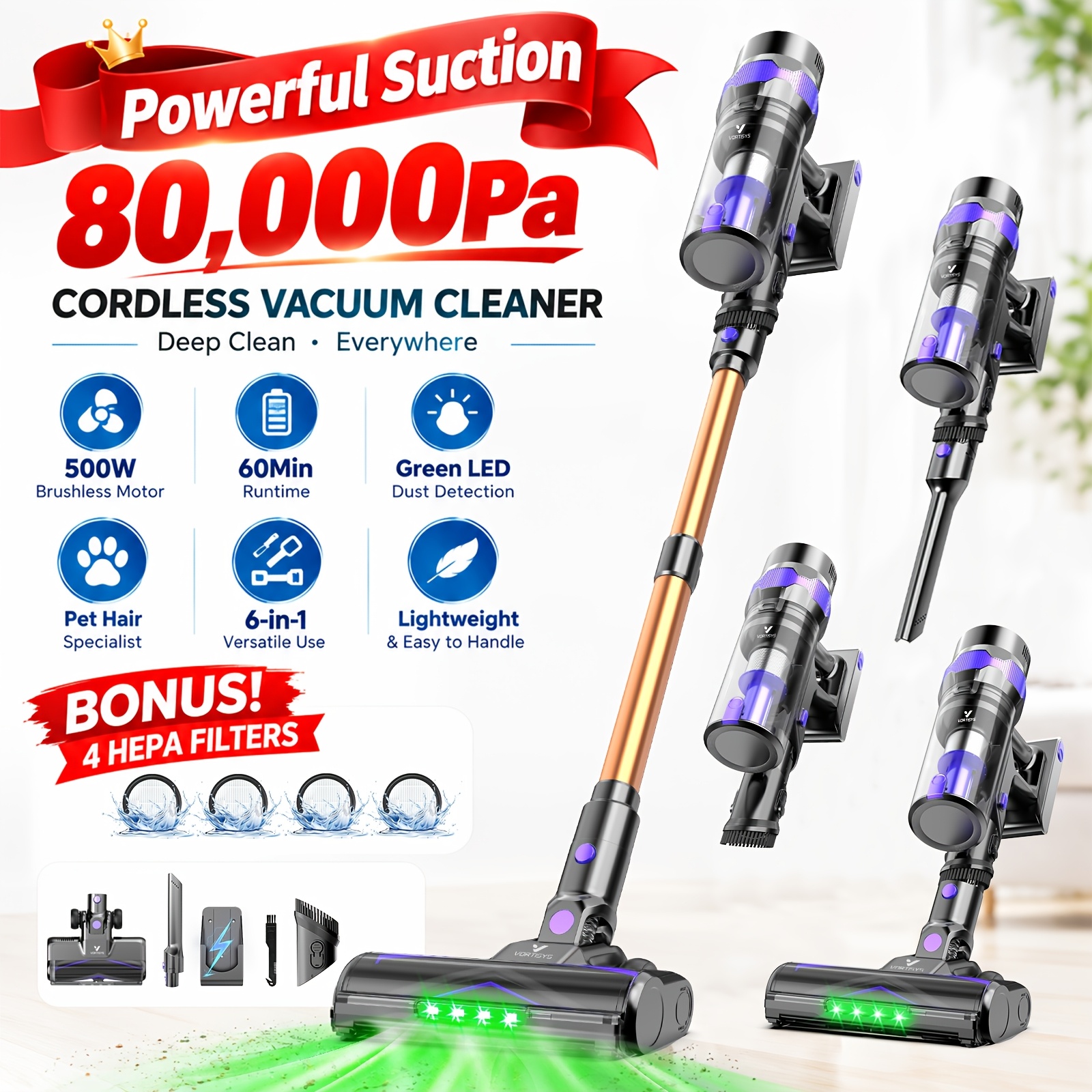 Image of Upgraded 80, 000pa Cleaner, 500w Motor, 60min , Anti- Brush, Green Led Dust Detection, 6-in-1 Handheld Design, Led Digital Display And Hepa Filter For Pet Hair, Carpet And Hard Floor
