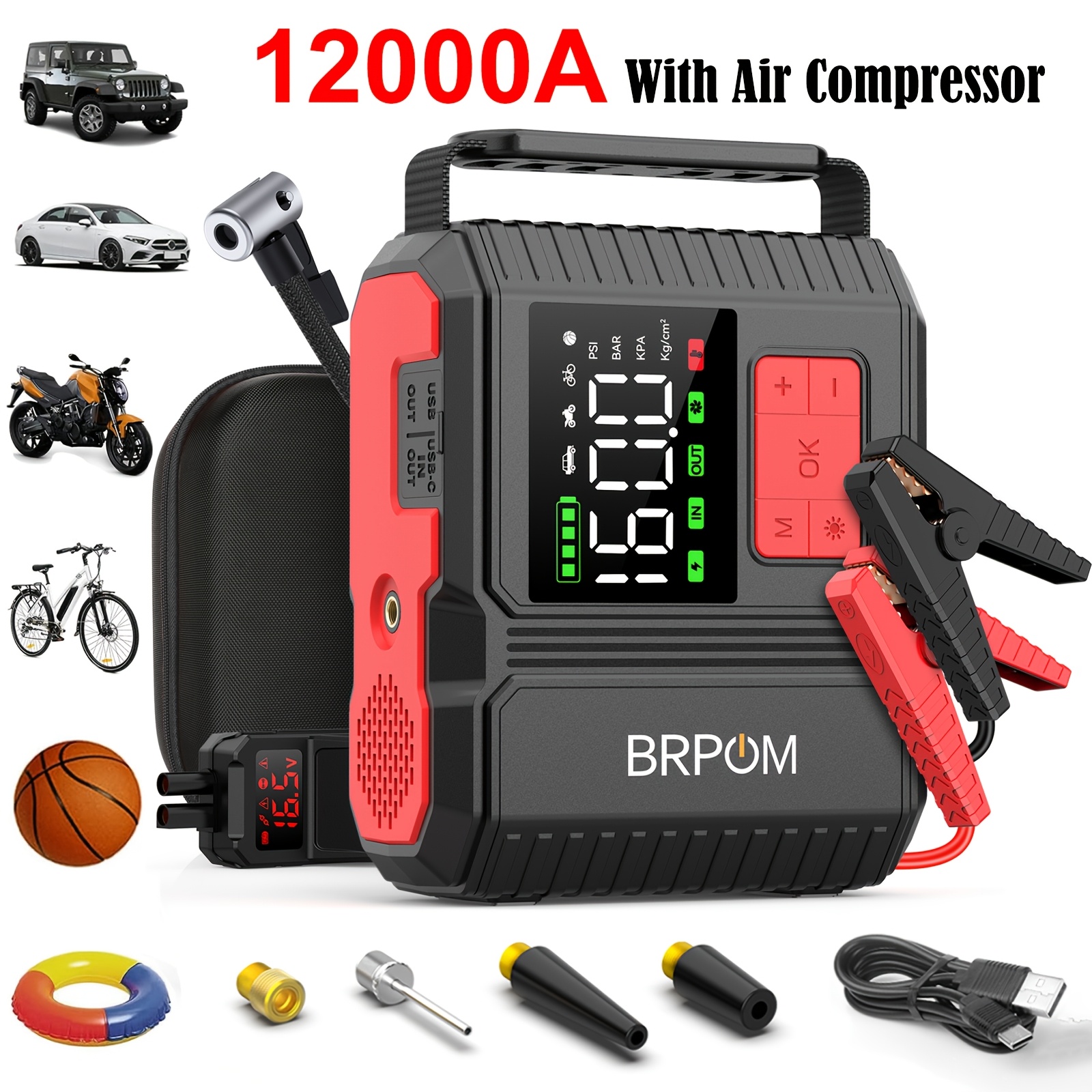 TEMU 12000a Car Jump Starter With Air Compressor Tire Inflator, 12v Portable Battery Jump Gas & Up To 10.0l Engines, Large Lcd Digital Display, Smart