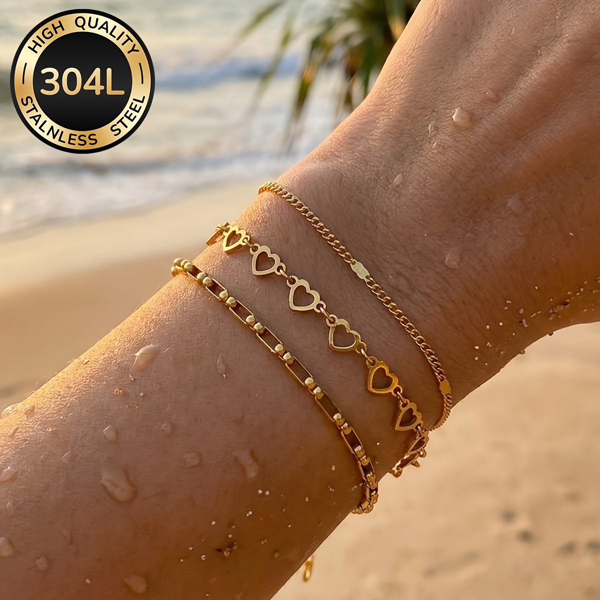 TEMU 3pcs 304l Stainless Steel 18k Gold-plated Women's Bracelet Set, Exquisite Stainless Steel Jewelry Set For Women, Featuring A Stylish And Elegant