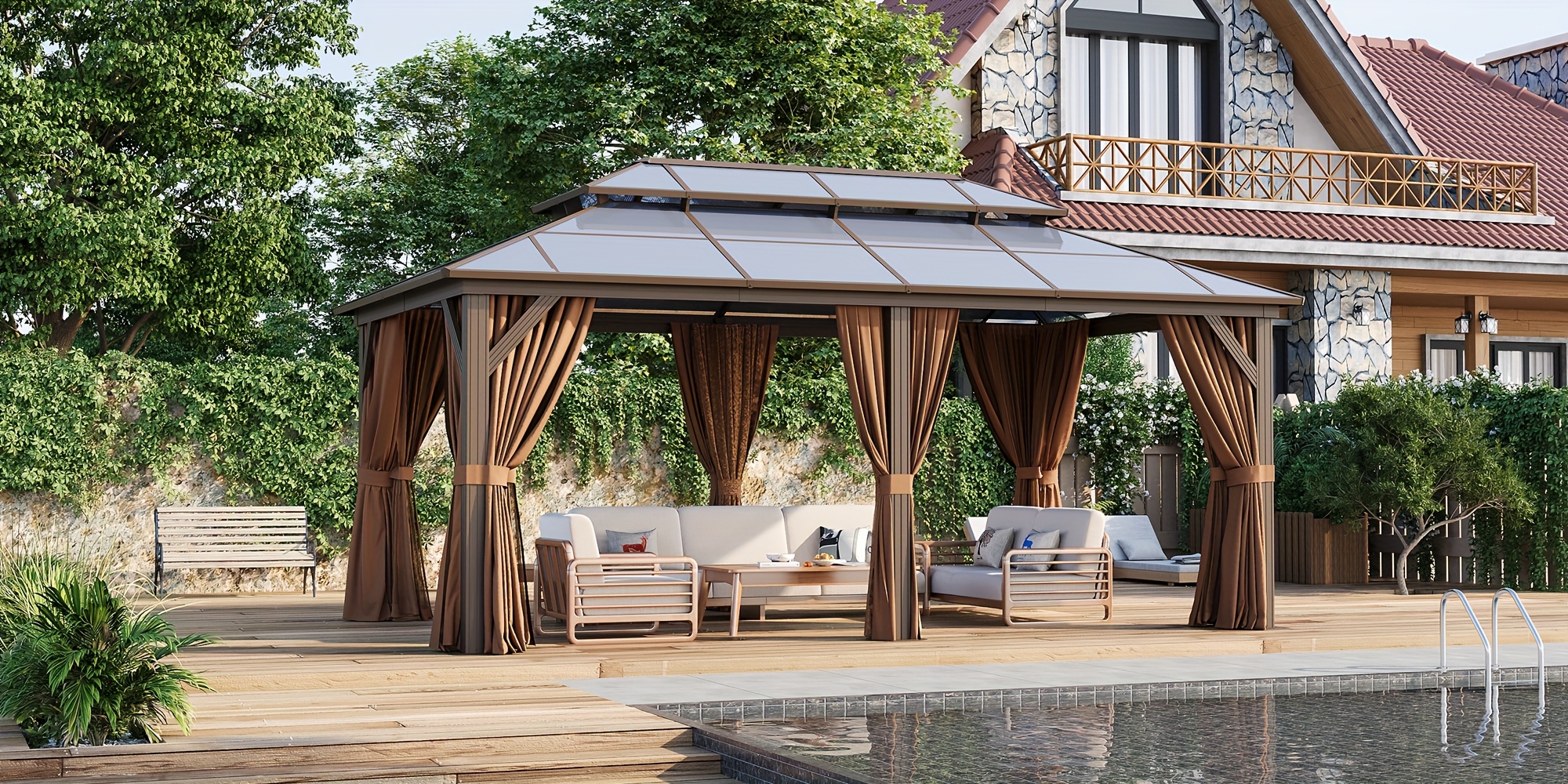 12x20   gazebo aluminum frame permanent   with curtains and netting outdoor polycarbonate double roof canopy for patio lawns garden Product details 0
