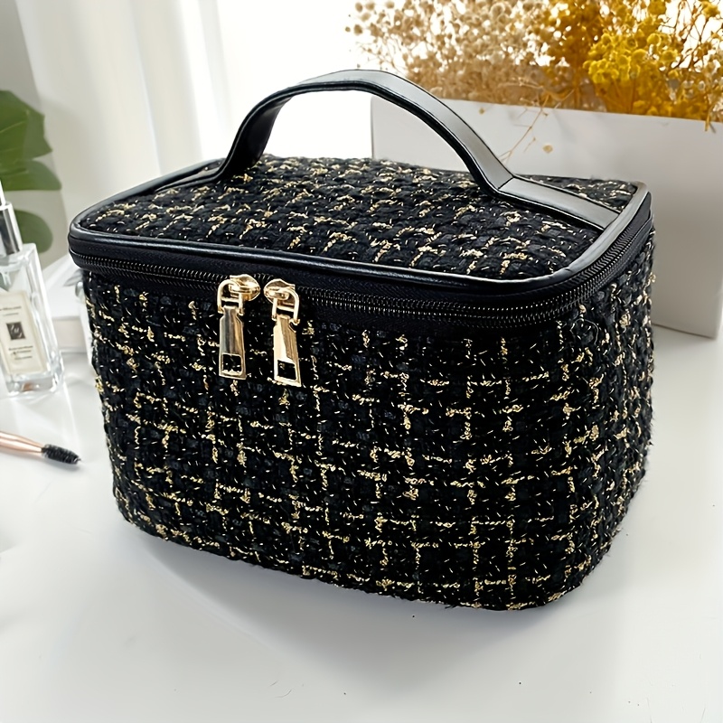 

Fashionable Travel Cosmetic Bag For Women, Large Capacity Portable Luxury Chic Makeup Case With Metal Zipper, Carry-on For Toiletries And Accessories, Fabric Material, - Essential For Outdoor Trips