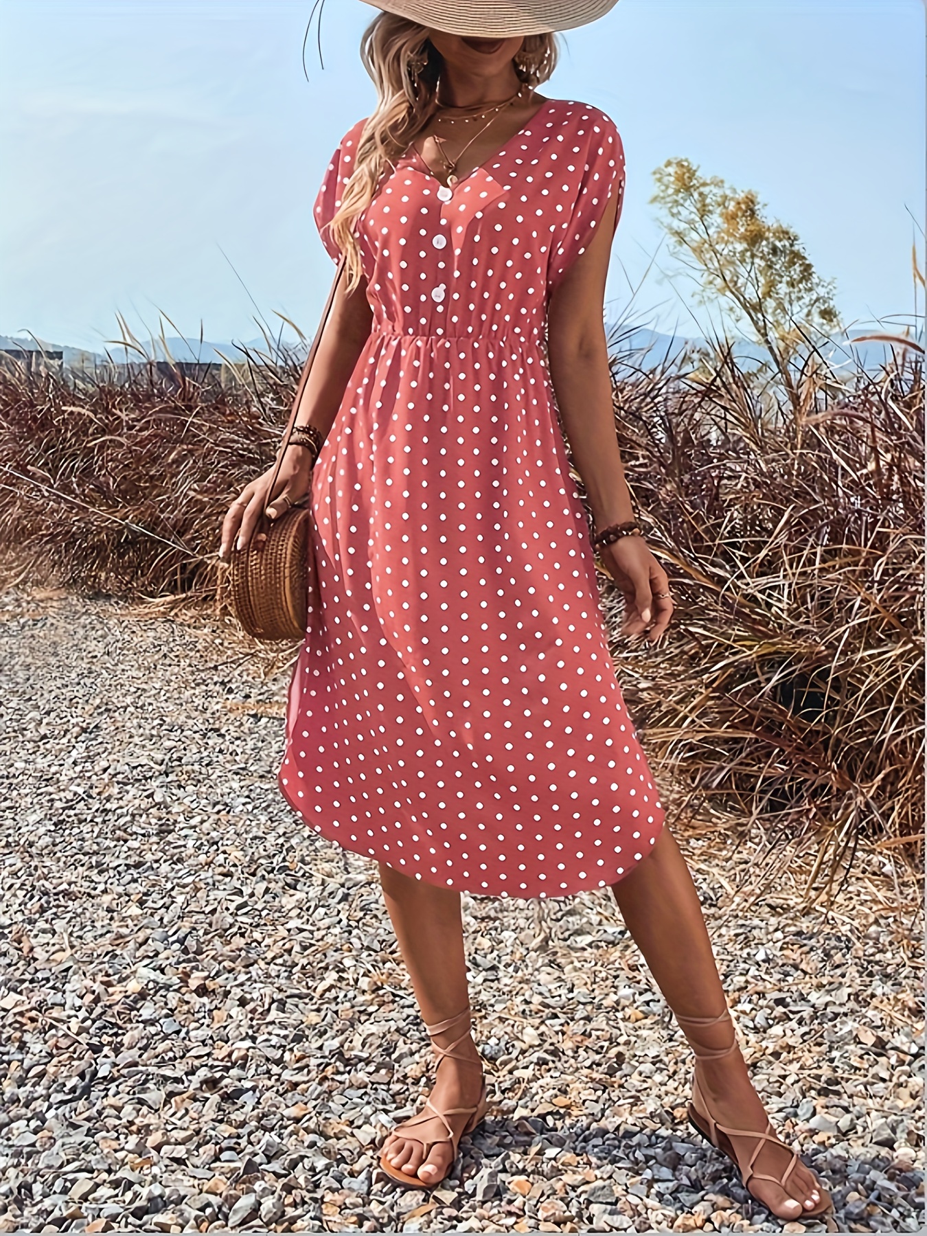 Polka Dot Midi Dress V Neck Tie Waste Dress Casual Dresses - Temu