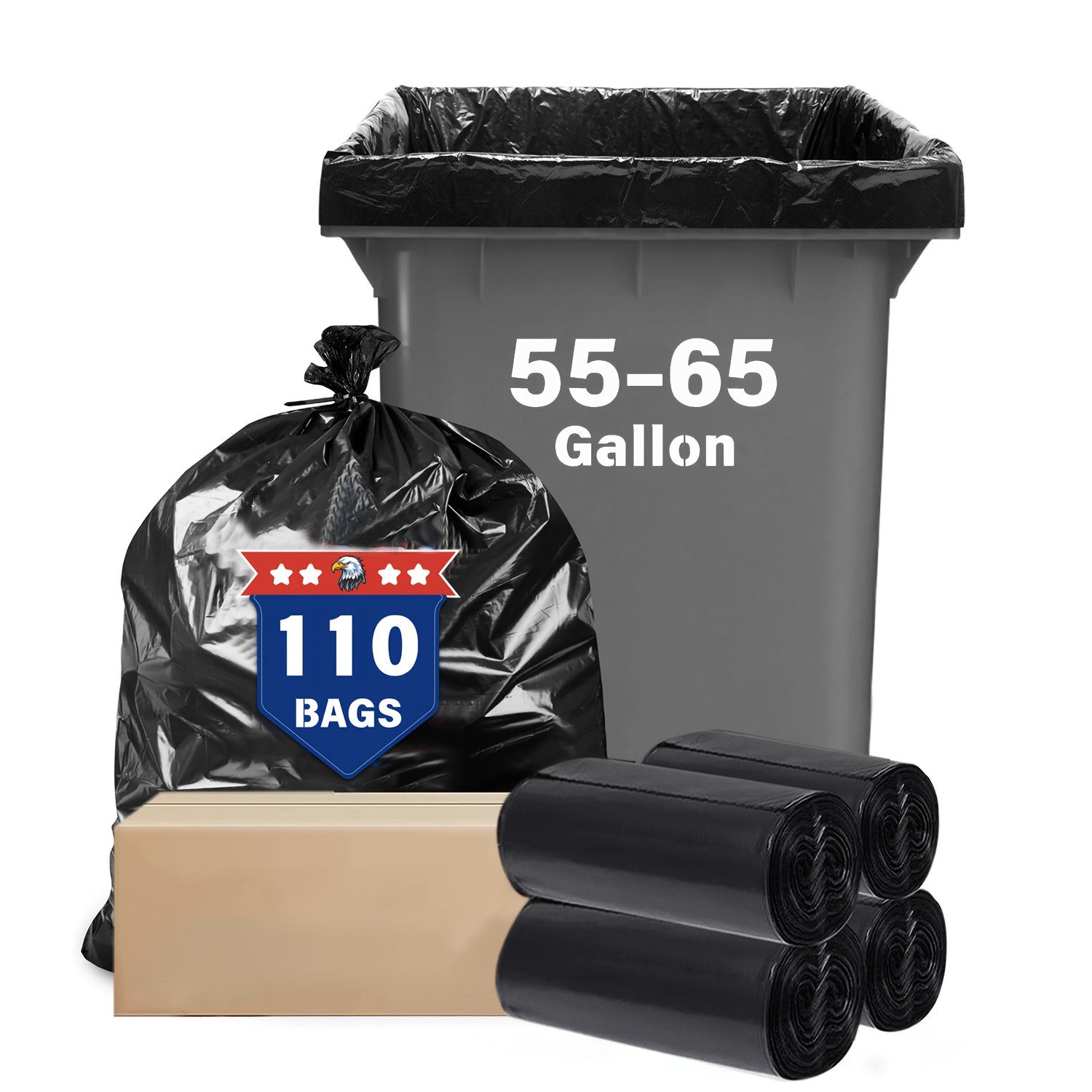 TEMU 55-65 Gallon Black Trash Bags - 110pcs (4 Roll) Large Garbage Bags For Kitchen Yard Office Party, 20 Micron Thick 50 Gallon 55 Gallon 60 Gallon