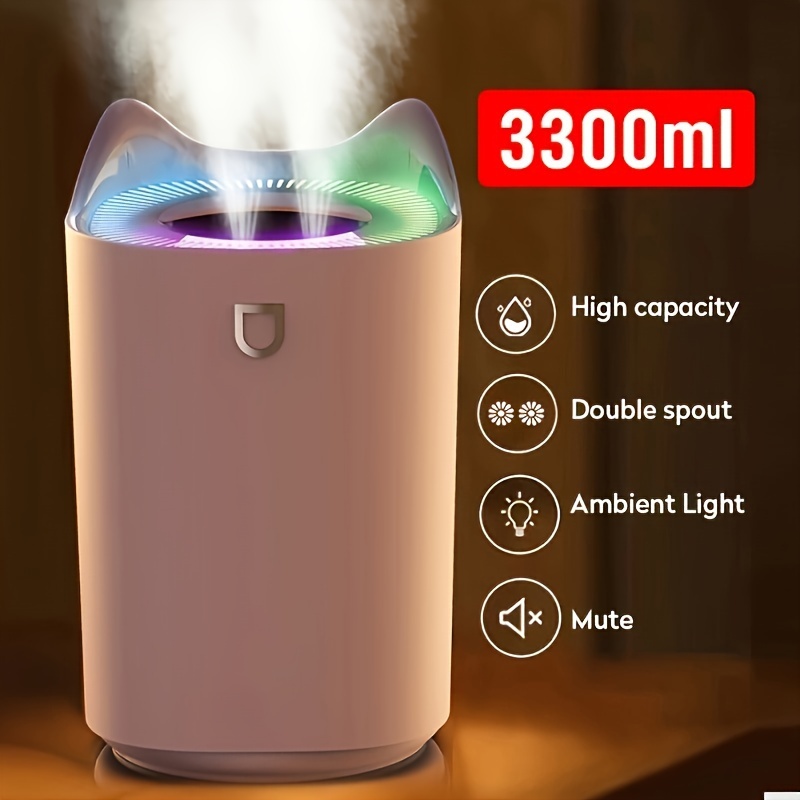 

1pc Usb Powered Humidifier With Essential Oil Diffuser, 3300ml Large Capacity, Ultrasonic Cool Mist, Dual Nozzle, Quiet Operation With Night Light For Various Room Types