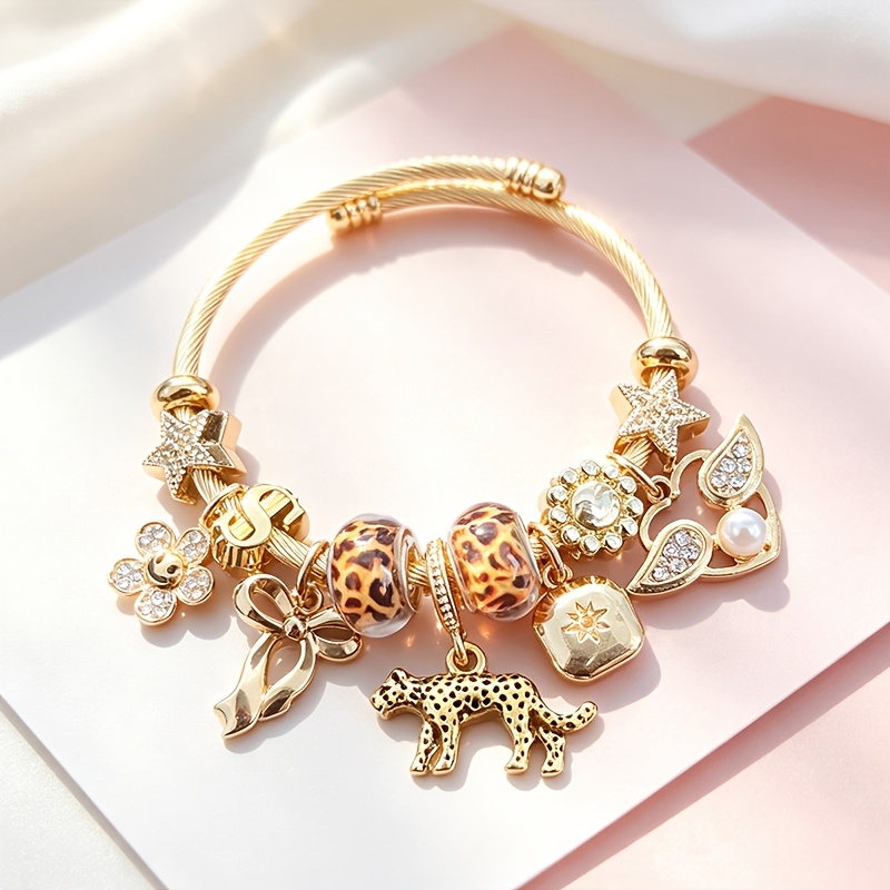 TEMU Retro Leopard Print Wire Open Bangle, Money Leopard Flower Dollar Sign Faux Pearl Rhinestone Pendant Leopard Bead Adjustable Bracelet, Western