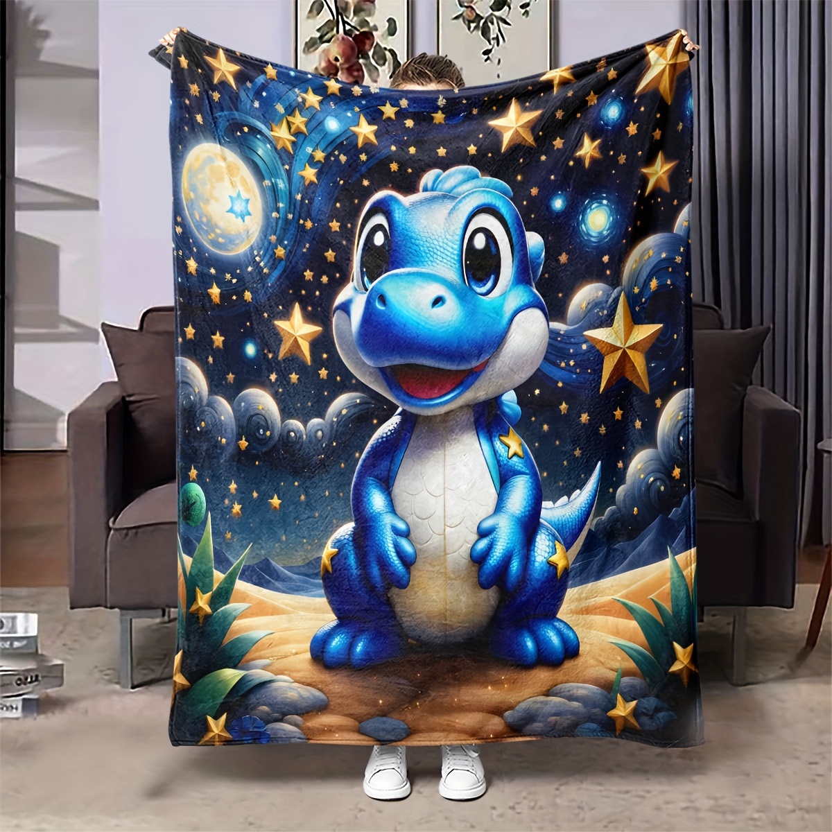 

Cozy Starry Night Dinosaur Print Flannel Throw Blanket - Soft, Warm & For All - Perfect Gift For