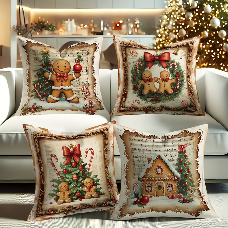 

Lot de 4 housses de coussin de , pain d'épices et canne à , décoration d'intérieur , contemporain, lavable en , imprimé fermeture à glissière, ajustement polyvalent, tissu en tissé - 18 x 18 pouces