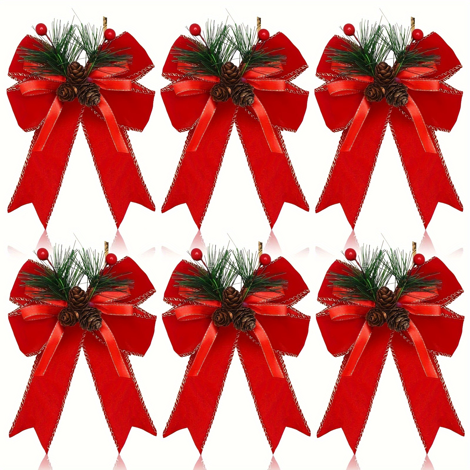 

6- Christmas Bows, Bowknots Accents, Red For Christmas Tree, , Home & Kitchen, Polyester, No Battery Required