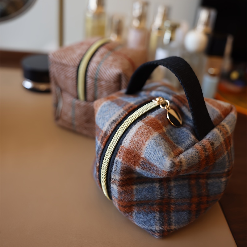 TEMU Sacs à main cube géométrique, fermeture éclair métallique, sac de rangement créatif à motif carré en twill, petits sacs à cosmétiques