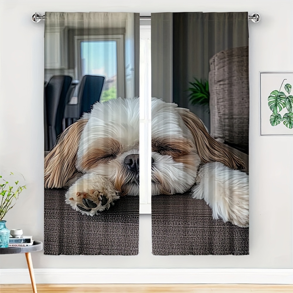 TEMU 2pcs Window Curtains With Sleeping Shih Tzu Dogs - Instagrammable Pet Decor Window Drapes, Semi- Filtering Window Treatments For Living Room,