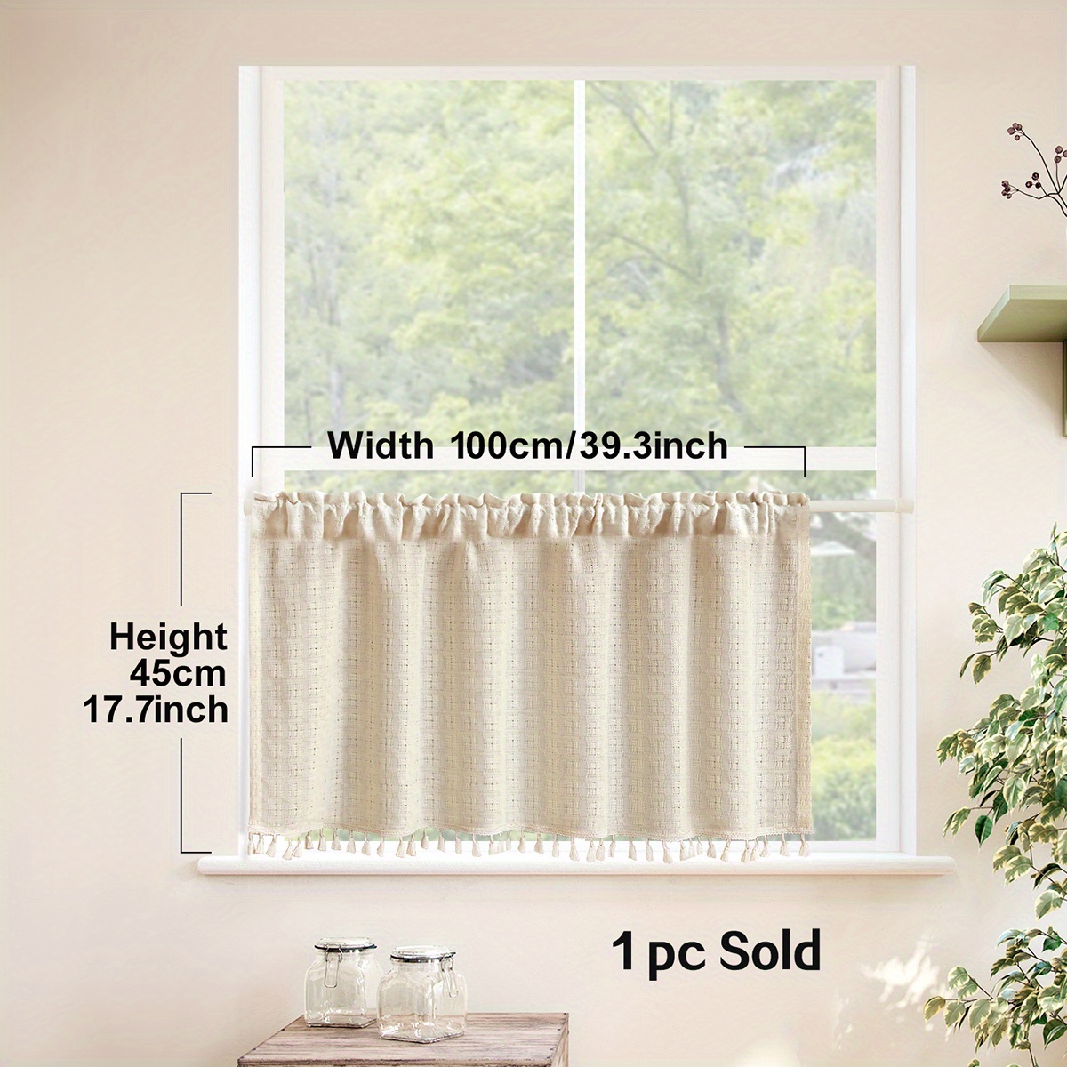 Chic Beige Tassel Curtain - Rod For Kitchen, Living Room & Bedroom Decor | Light-filtering Polyester Window Treatment