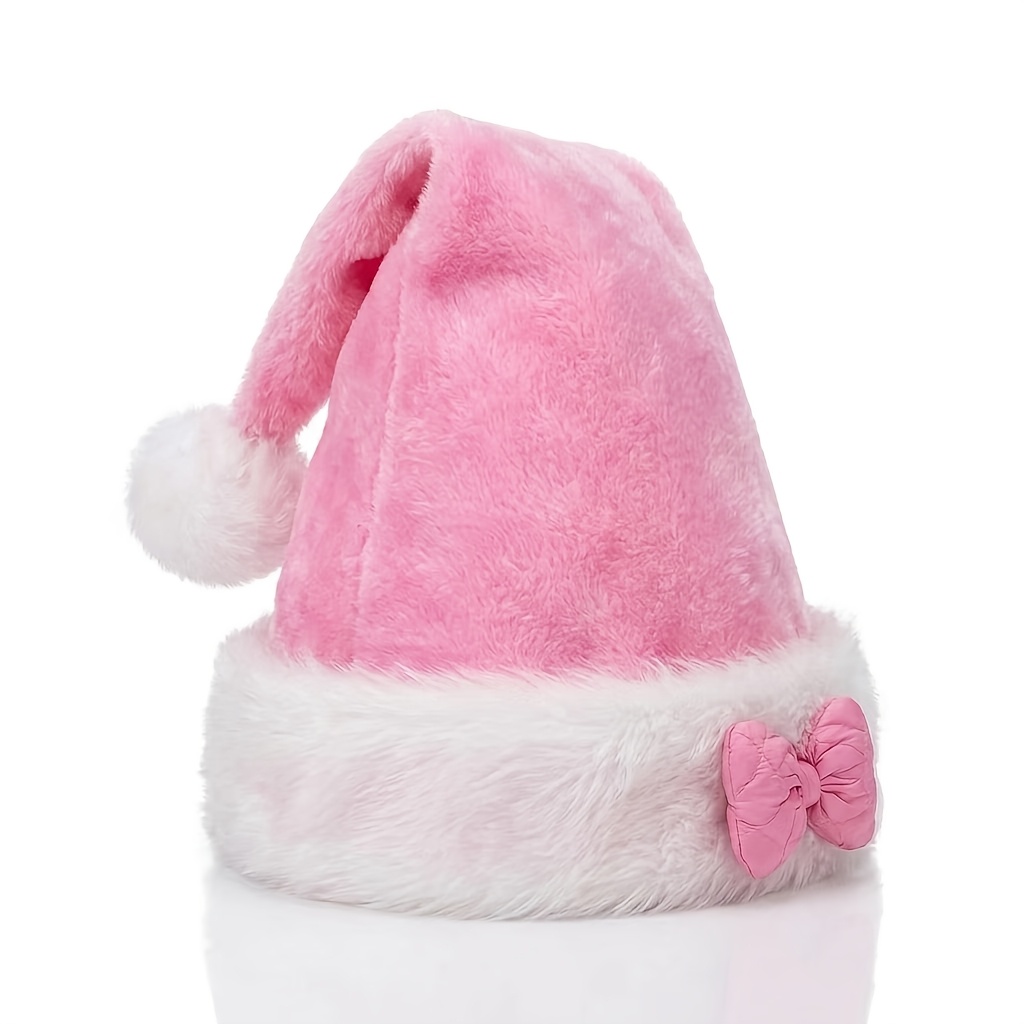 TEMU Pink Plush Christmas Hat, Measuring 32*45cm, Featuring And Fluffy Material With An Adorable Bow And White Pom-pom. Perfect For Girls And Women's