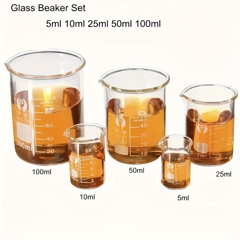 

5pcs Glass Beaker Set With V-shaped Design For Leak - Includes 0.17oz, 0.34oz, 0.85oz, 1.69oz, 3.38oz - Ideal For Industrial & Scientific Use