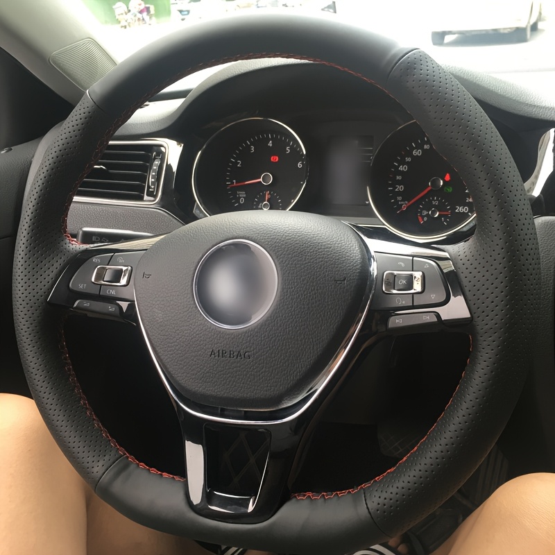 E-shop 1 Stück Schwarzes Seitenloch-Linien Lenkradbezug, Handgenäht aus Ultrafeinem Faser-Material – Einfach und Bequem für Volkswagen Golf & Passat