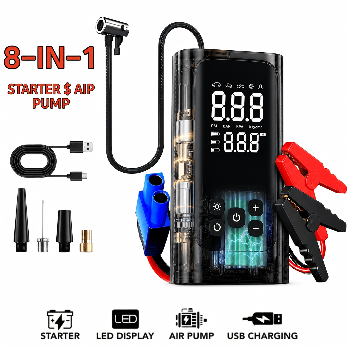 TEMU Démarreur de voiture portable 14,8 V crête, booster de batterie 8-en-1 et compresseur d'air avec gonfleur de pneu 150 PSI, écran LCD, lumière