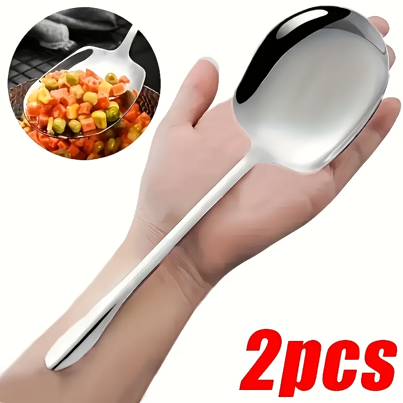 

2pcs Extra Large Stainless Steel Serving Spoons With Long Handles - , Thickened Design For Effortless Serving Of Soups, & Salads - Home, Hotels, Canteens & Restaurants, Cutlery Set