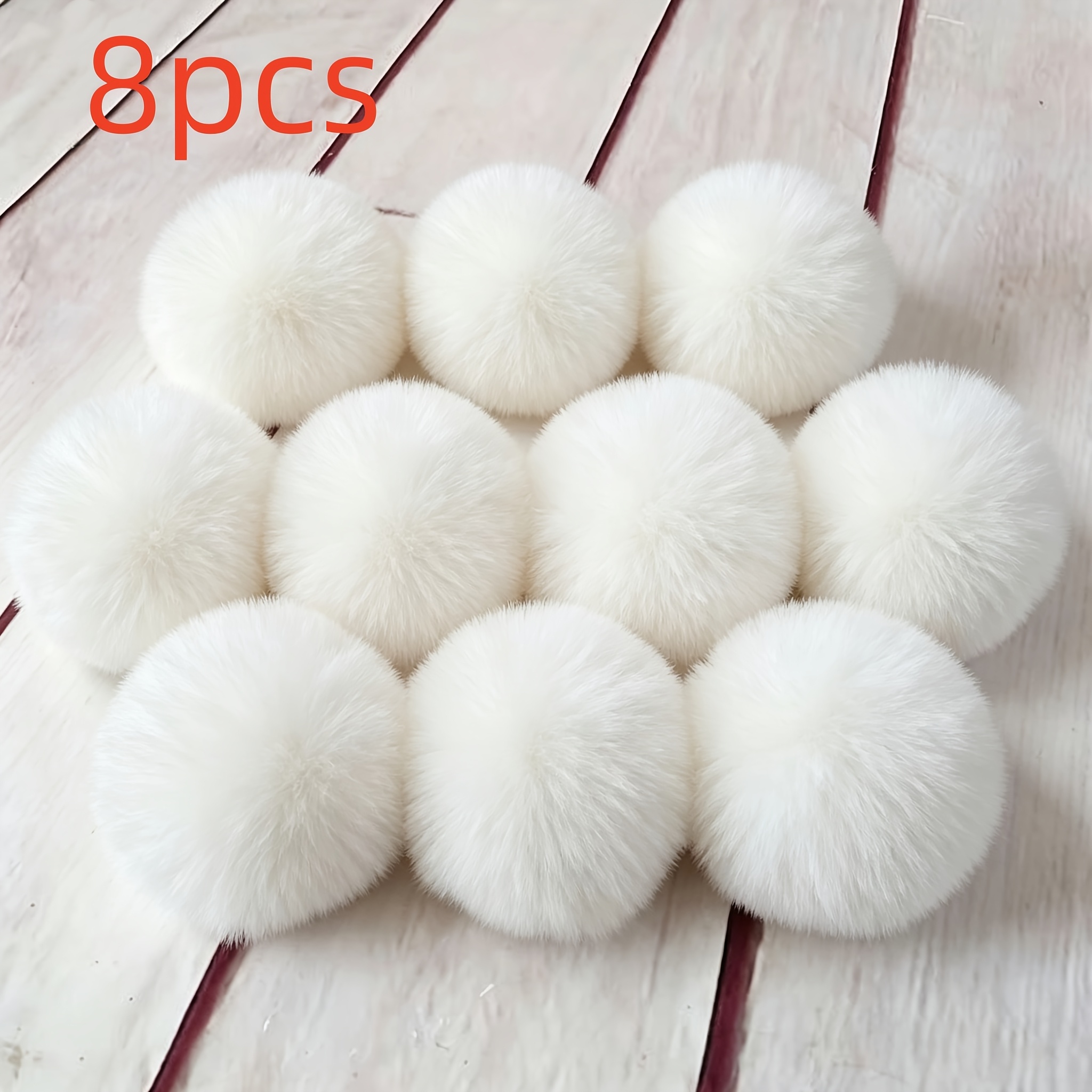 TEMU 8pcs Pompons en fourrure artificielle blanche et moelleuse de 2,36 pouces avec boucle élastique, fournitures de tricot, décorations en peluche