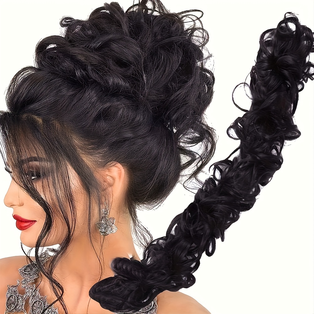 Image of A Pack Of 20-inch Long Curly Messy Bun Caterpillar Wig Hair Extension, High-temperature Fiber Material, Hair Ring Hair Bundle Bun Multi-functional Curly Hair Styling, Suitable For Women' Wear
