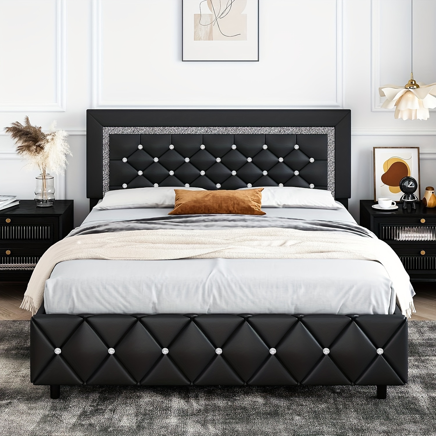 

Bed Frame, Upholstered Bed Frame With Diamond Tufted Headboard, Leather Headboard, Easy , Spring Needed