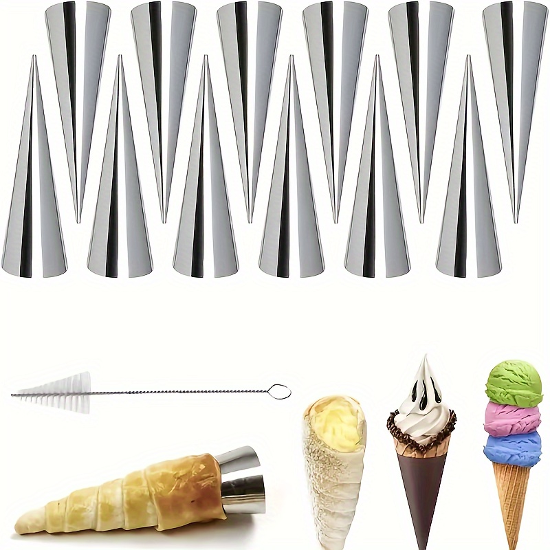 TEMU 12pcs, Stainless Steel Cream Horn Molds, Cone-shaped Pastry Tubes With Cleaning Brush, Diy Baking Forms For Croissants, Dessert & Bread Baking, Kitchen Tools