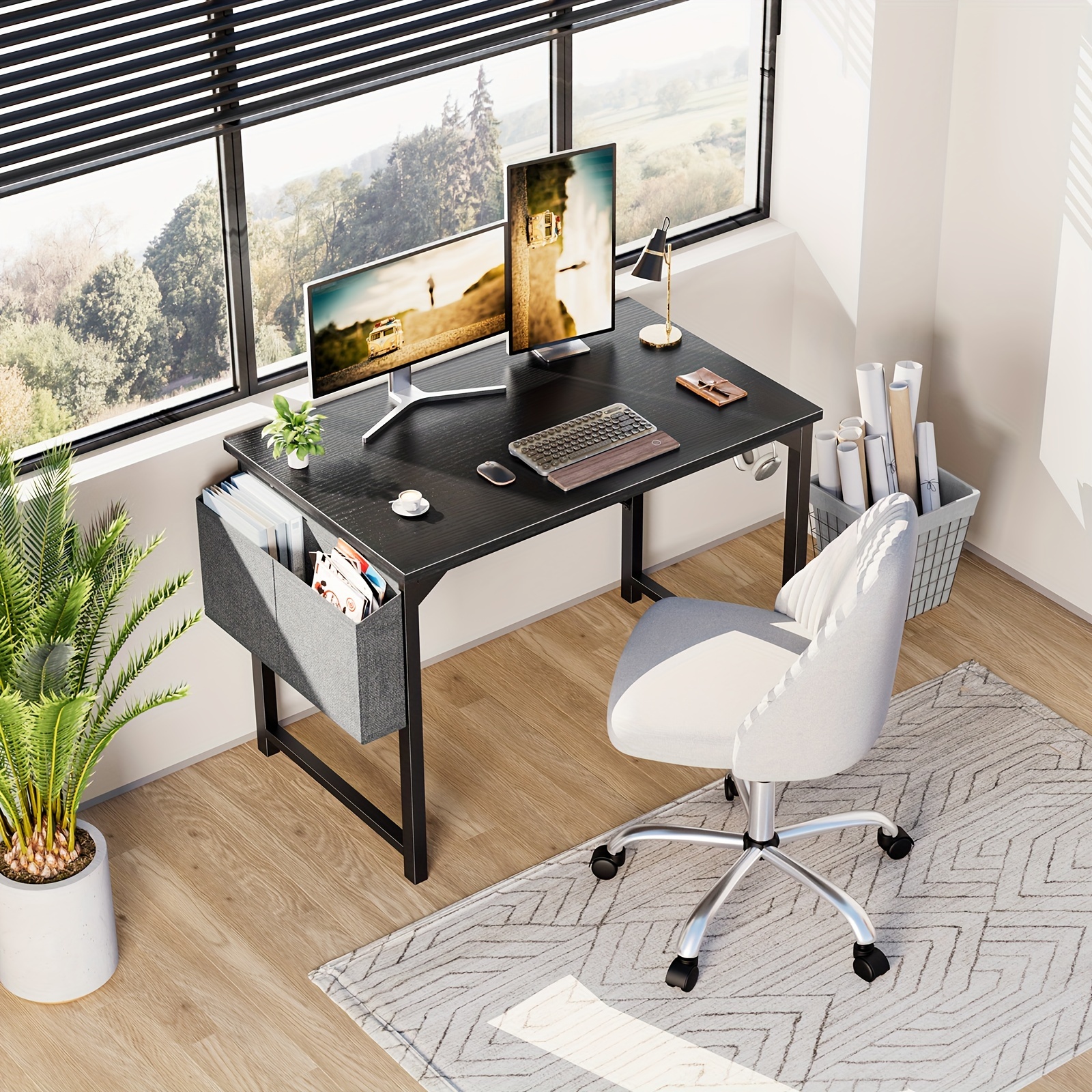 

40 Inch Computer Office Desk Study Writing Work With Storage Bag & Headphone Hooks Modern Simple Home Bedroom Pc Table