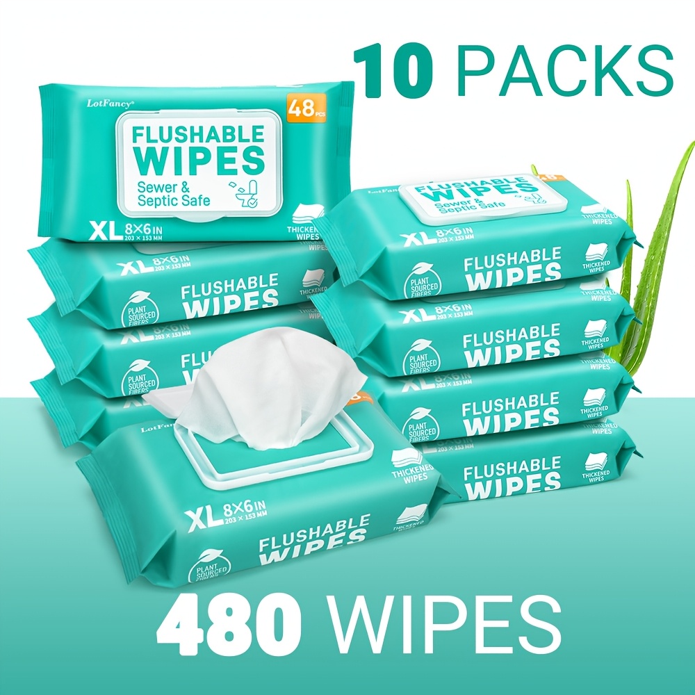 TEMU Flushable Wet Wipes For Adults Pack Of 10/15 (480/720 Wipes) - Septic & Sewer Safe, Quick-dispersing, No Alcohol, Plant-based Fibers - Flushable