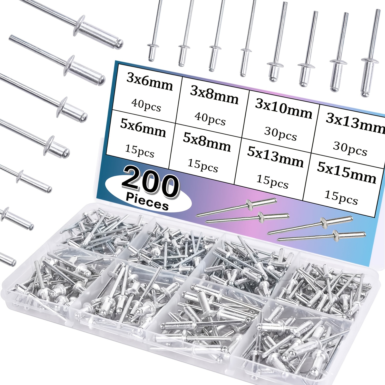 TEMU Kit d'assortiment de 200 rivets à pression aveugles, 8 tailles assorties, rivets à traction durables pour la fixation de meubles, la réparation
